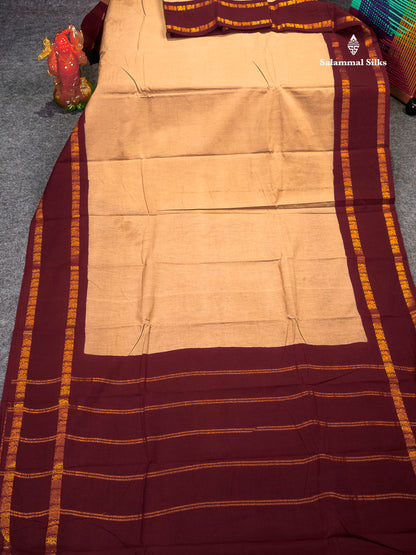 Sungudi Cotton Saree - Beige Colour Plain Body With Contrast Maroon Gap Border