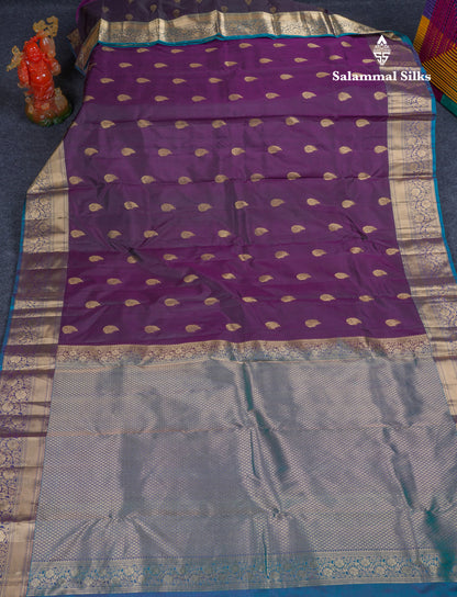 Beautiful Dark Violet Pure Kanjivaram Silk Saree With Contrast Peacock Blue Border