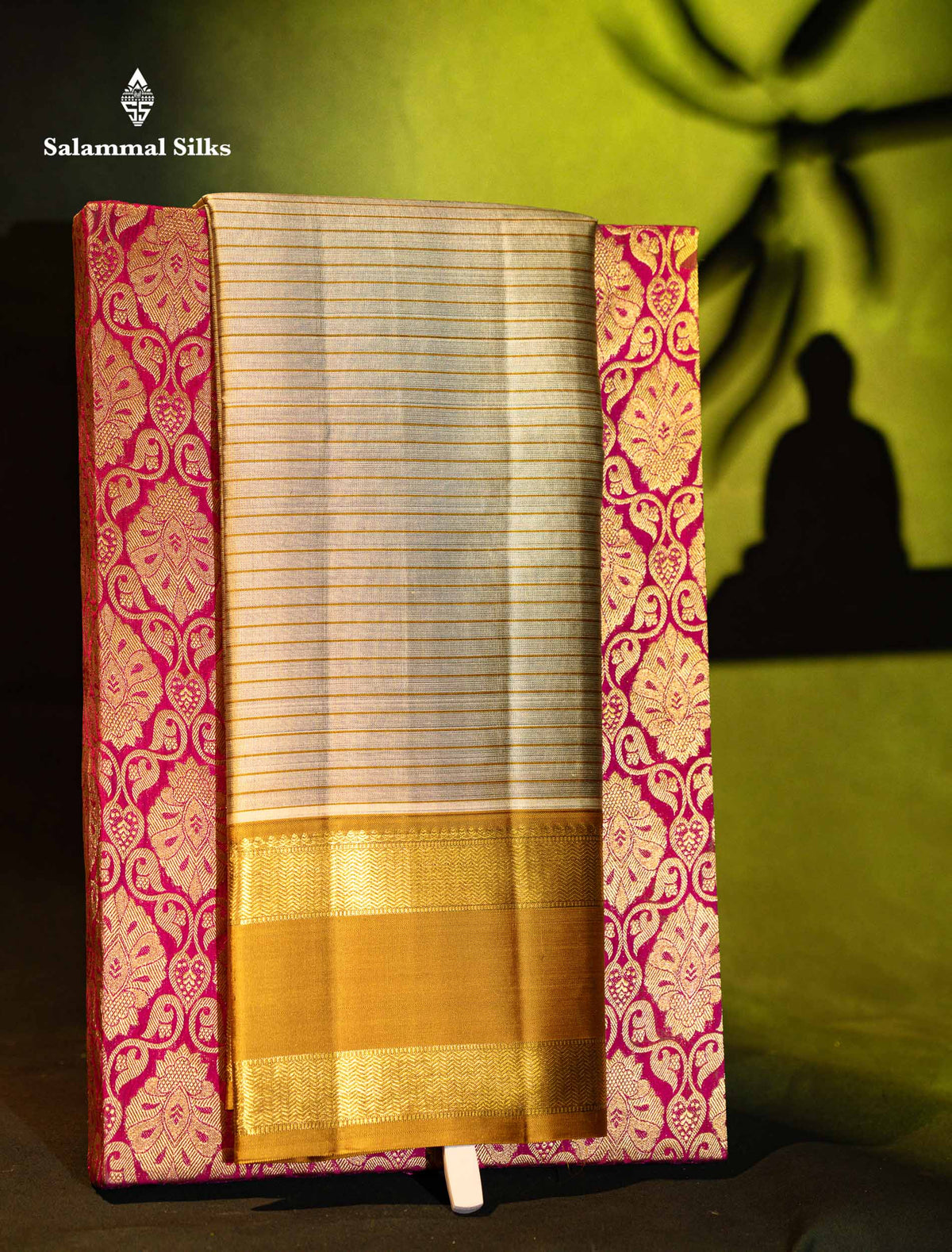 Beautiful Light Grey Pure Kanjivaram Silk Saree With Contrast Mustard Yellow Traditional Rettapet Border