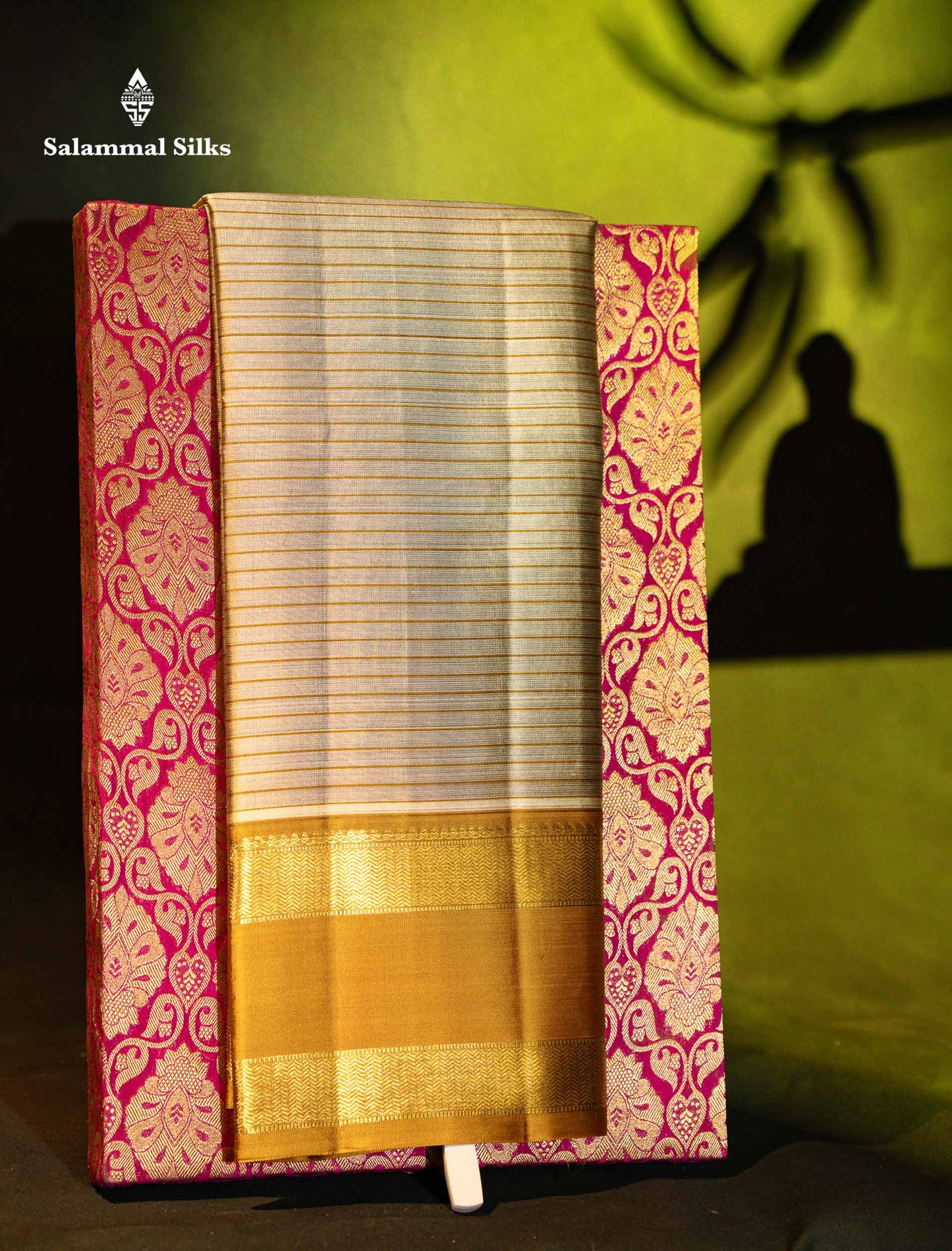 Beautiful Light Grey Pure Kanjivaram Silk Saree With Contrast Mustard Yellow Traditional Rettapet Border