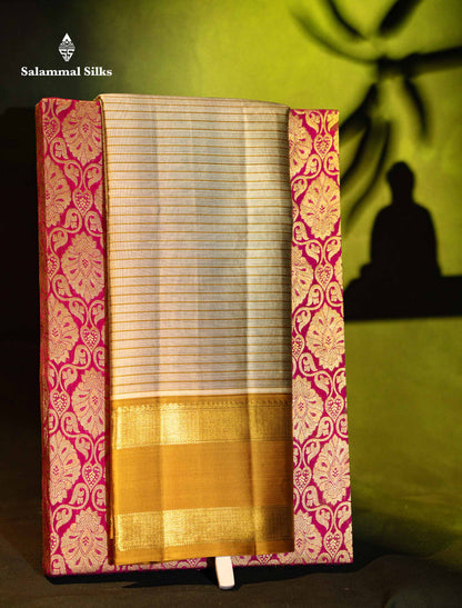Beautiful Light Grey Pure Kanjivaram Silk Saree With Contrast Mustard Yellow Traditional Rettapet Border