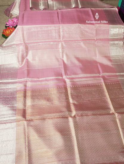 Beautiful Baby Pink Tissue Plain Pure Kanjivaram Silk Saree (2G) Zari With Self Border