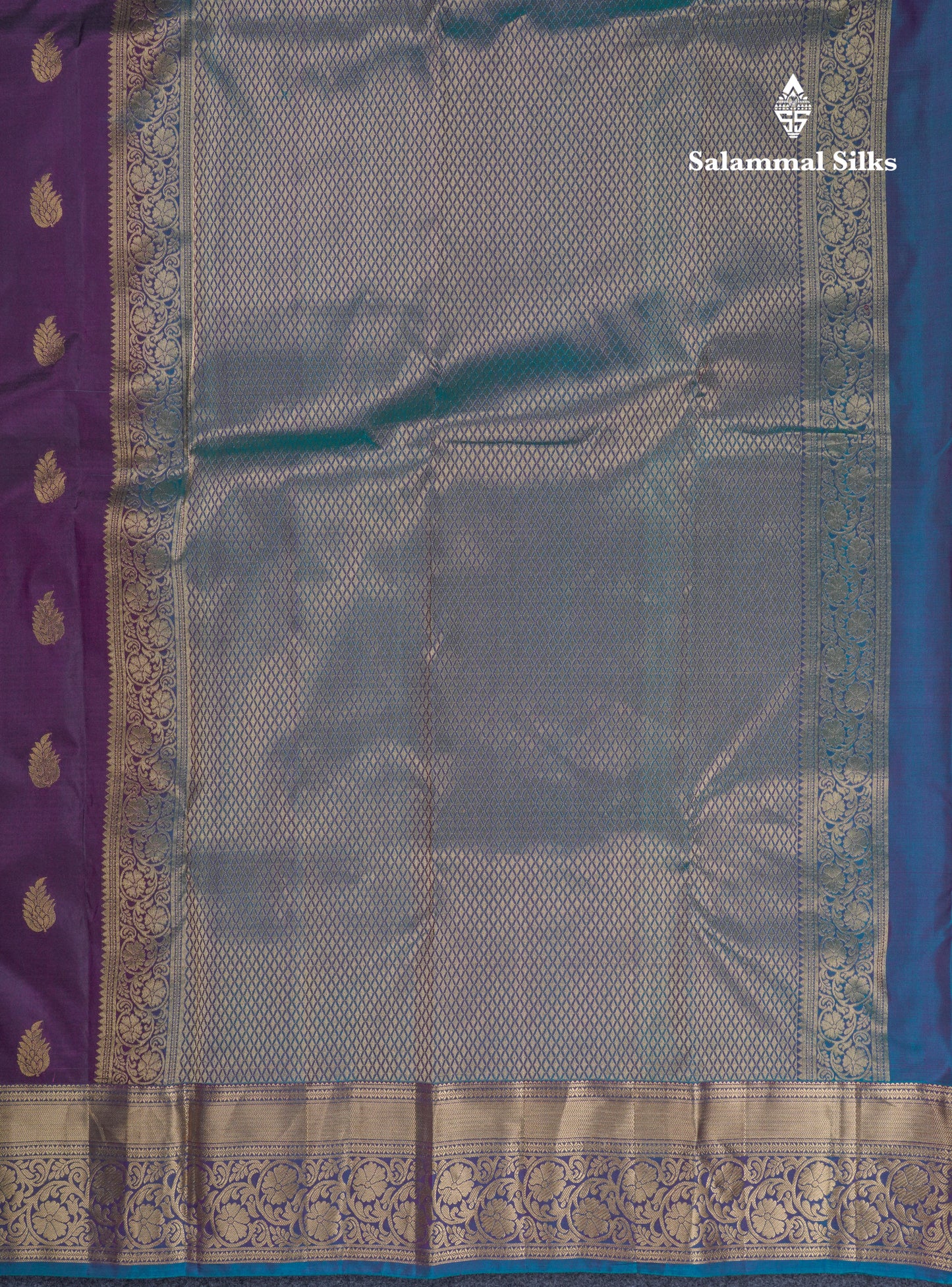 Beautiful Dark Violet Pure Kanjivaram Silk Saree With Contrast Peacock Blue Border
