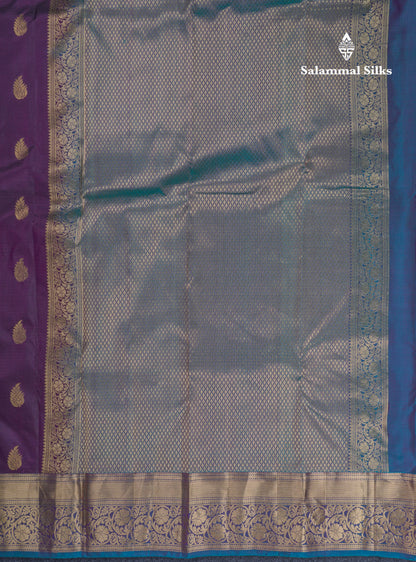 Beautiful Dark Violet Pure Kanjivaram Silk Saree With Contrast Peacock Blue Border