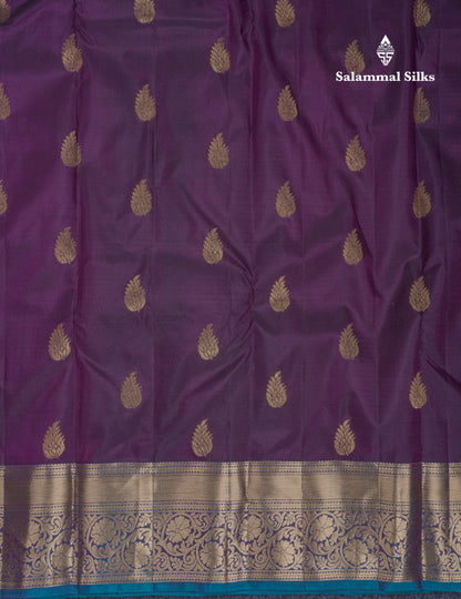 Beautiful Dark Violet Pure Kanjivaram Silk Saree With Contrast Peacock Blue Border