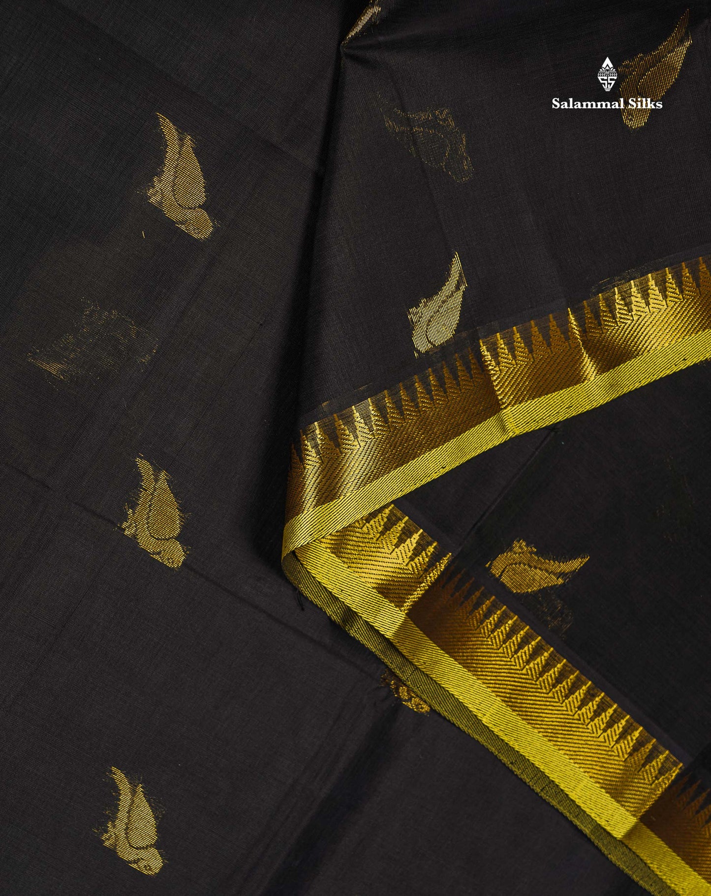 Pure Silk Cotton Saree - Black Parrot Butta Along With Traditional Evening Morning Border