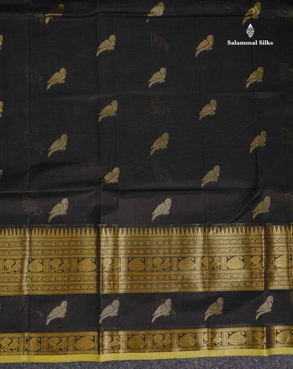 Pure Silk Cotton Saree - Black Parrot Butta Along With Traditional Evening Morning Border