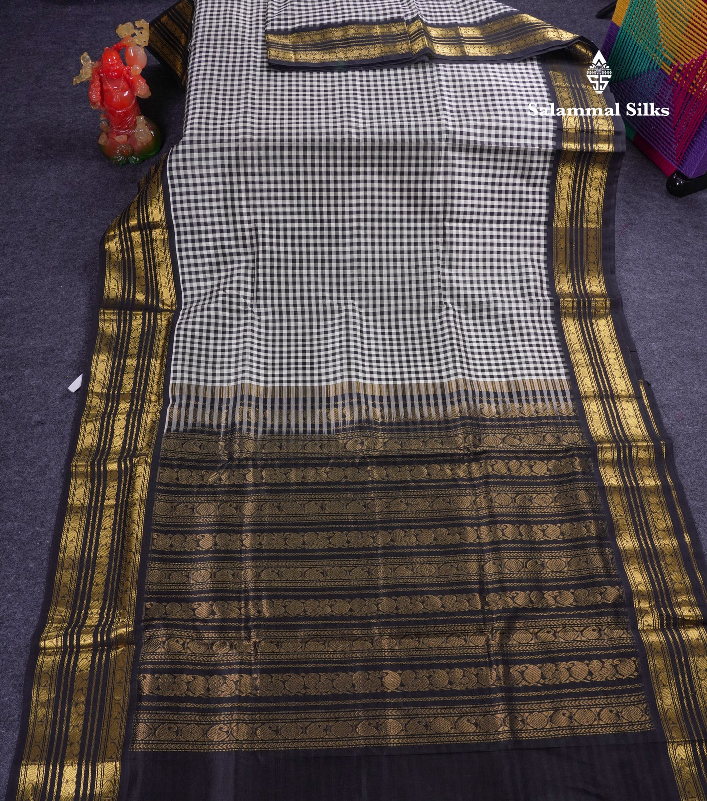 Beautiful Black & White Small Checks Pure Silk Cotton Saree With Contrast Black Traditional Border