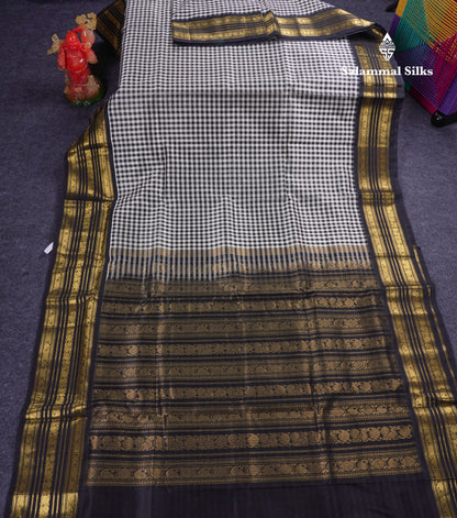 Beautiful Black & White Small Checks Pure Silk Cotton Saree With Contrast Black Traditional Border