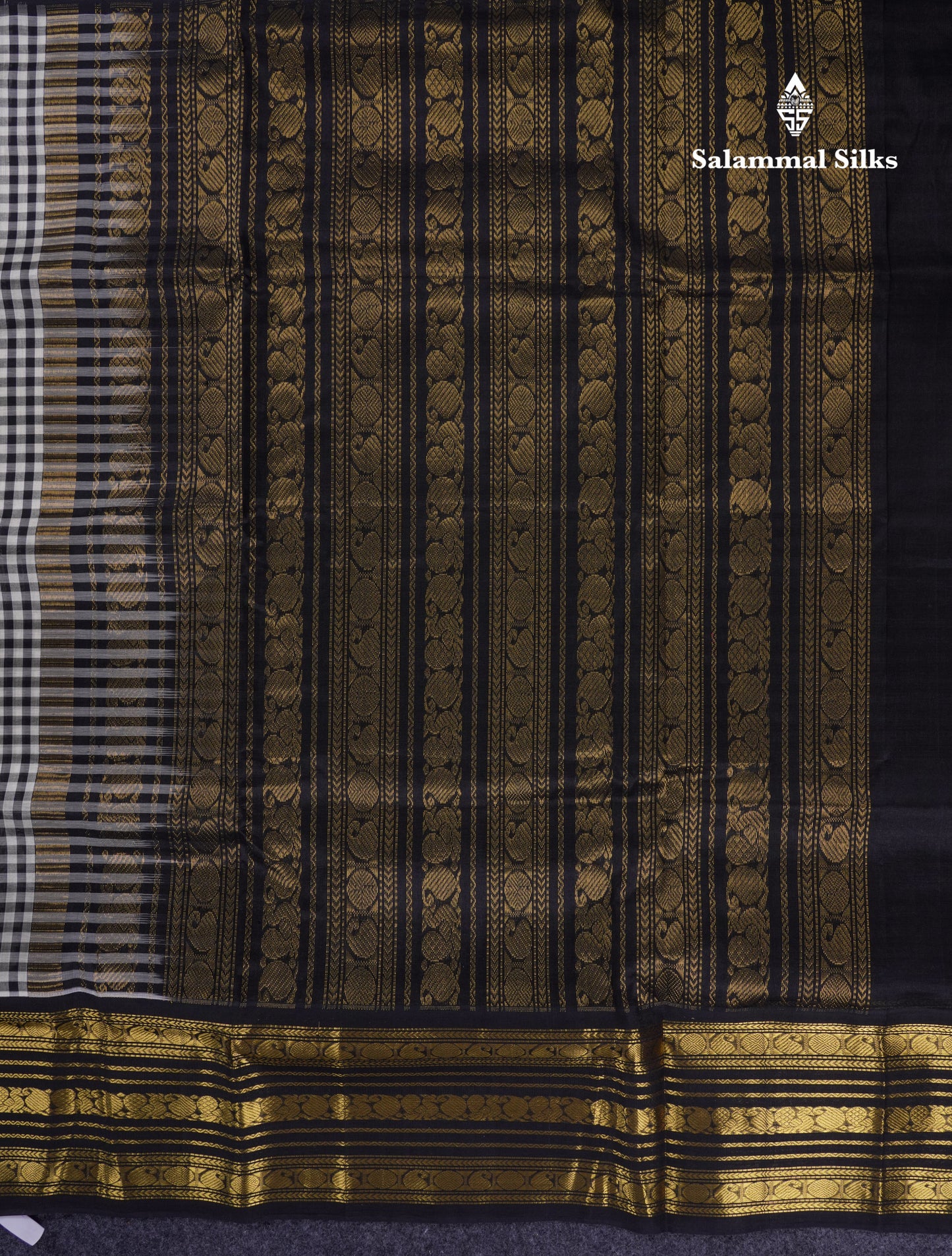 Beautiful Black & White Small Checks Pure Silk Cotton Saree With Contrast Black Traditional Border