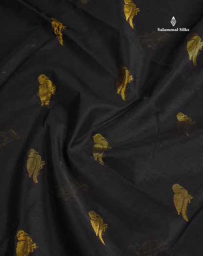 Pure Silk Cotton Saree - Black Parrot Butta Along With Traditional Evening Morning Border