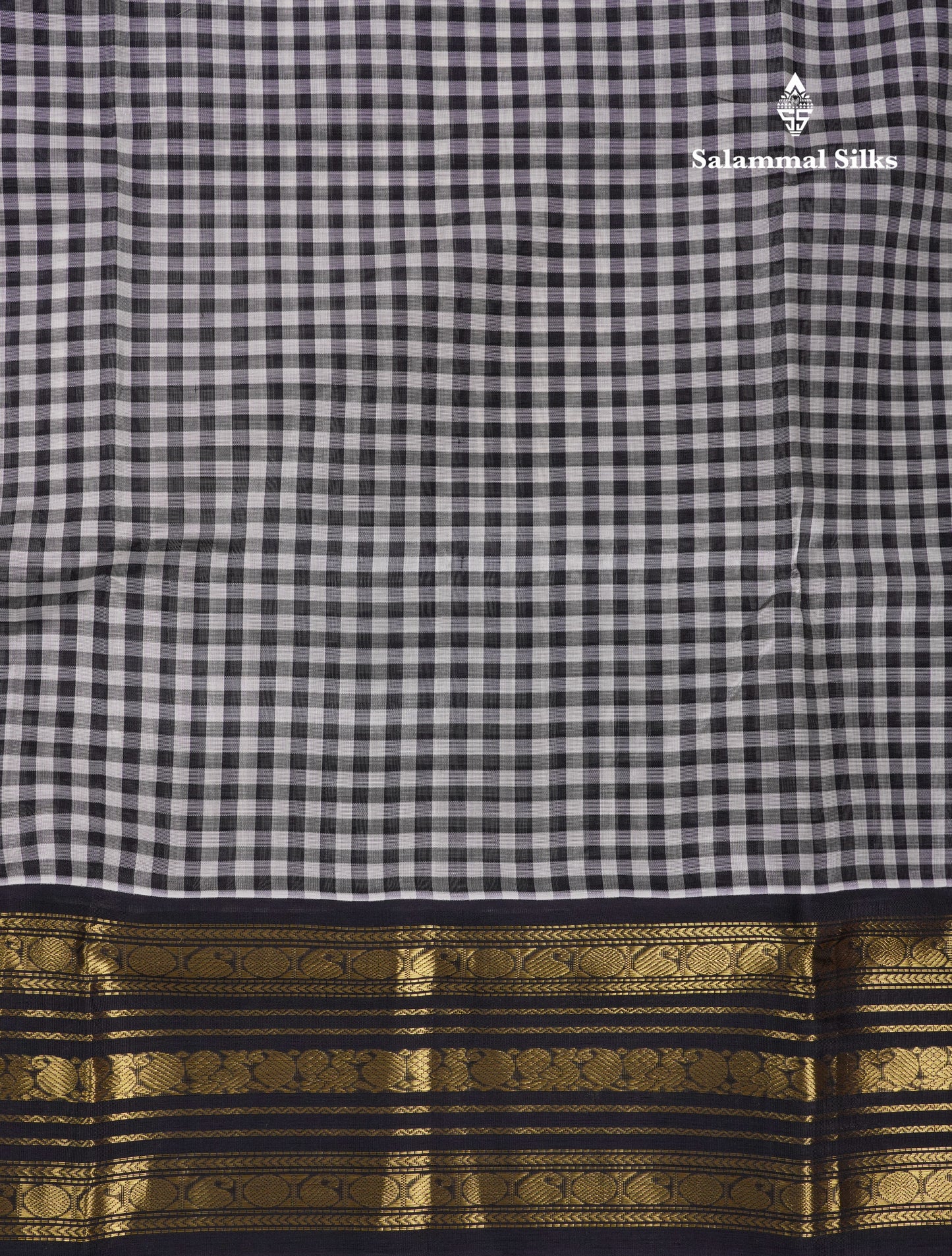 Beautiful Black & White Small Checks Pure Silk Cotton Saree With Contrast Black Traditional Border