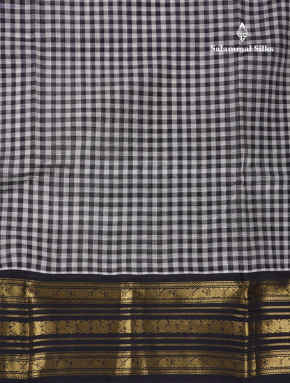 Beautiful Black & White Small Checks Pure Silk Cotton Saree With Contrast Black Traditional Border