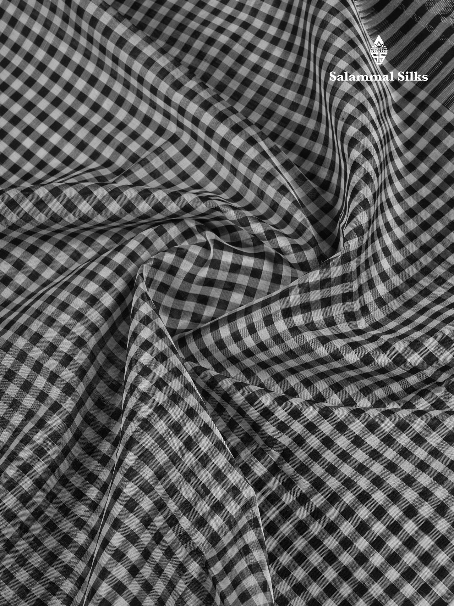 Beautiful Black & White Small Checks Pure Silk Cotton Saree With Contrast Black Traditional Border