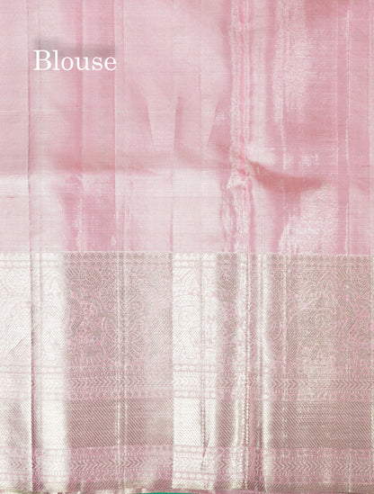 Beautiful Baby Pink Tissue Plain Pure Kanjivaram Silk Saree (2G) Zari With Self Border