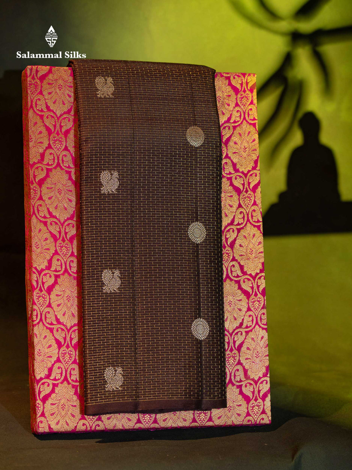 Beautiful Dark Brown Traditional Checks And Peacock & Chakaram Butta Pure Kanjivaram Silk Saree With Blouse