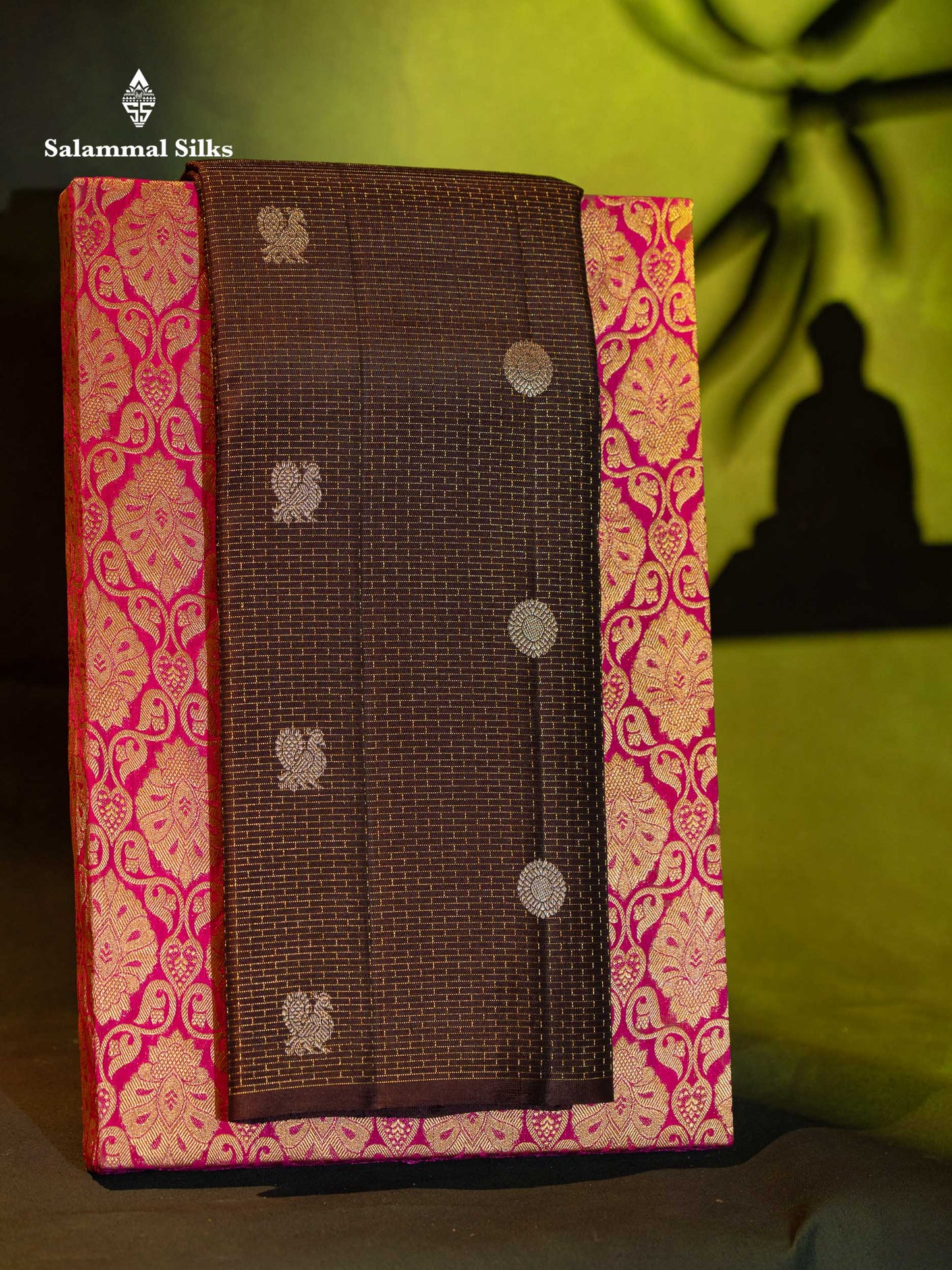 Beautiful Dark Brown Traditional Checks And Peacock & Chakaram Butta Pure Kanjivaram Silk Saree With Blouse