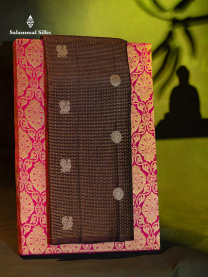 Beautiful Dark Brown Traditional Checks And Peacock & Chakaram Butta Pure Kanjivaram Silk Saree With Blouse