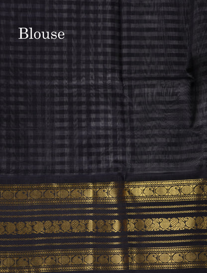 Beautiful Black & White Small Checks Pure Silk Cotton Saree With Contrast Black Traditional Border