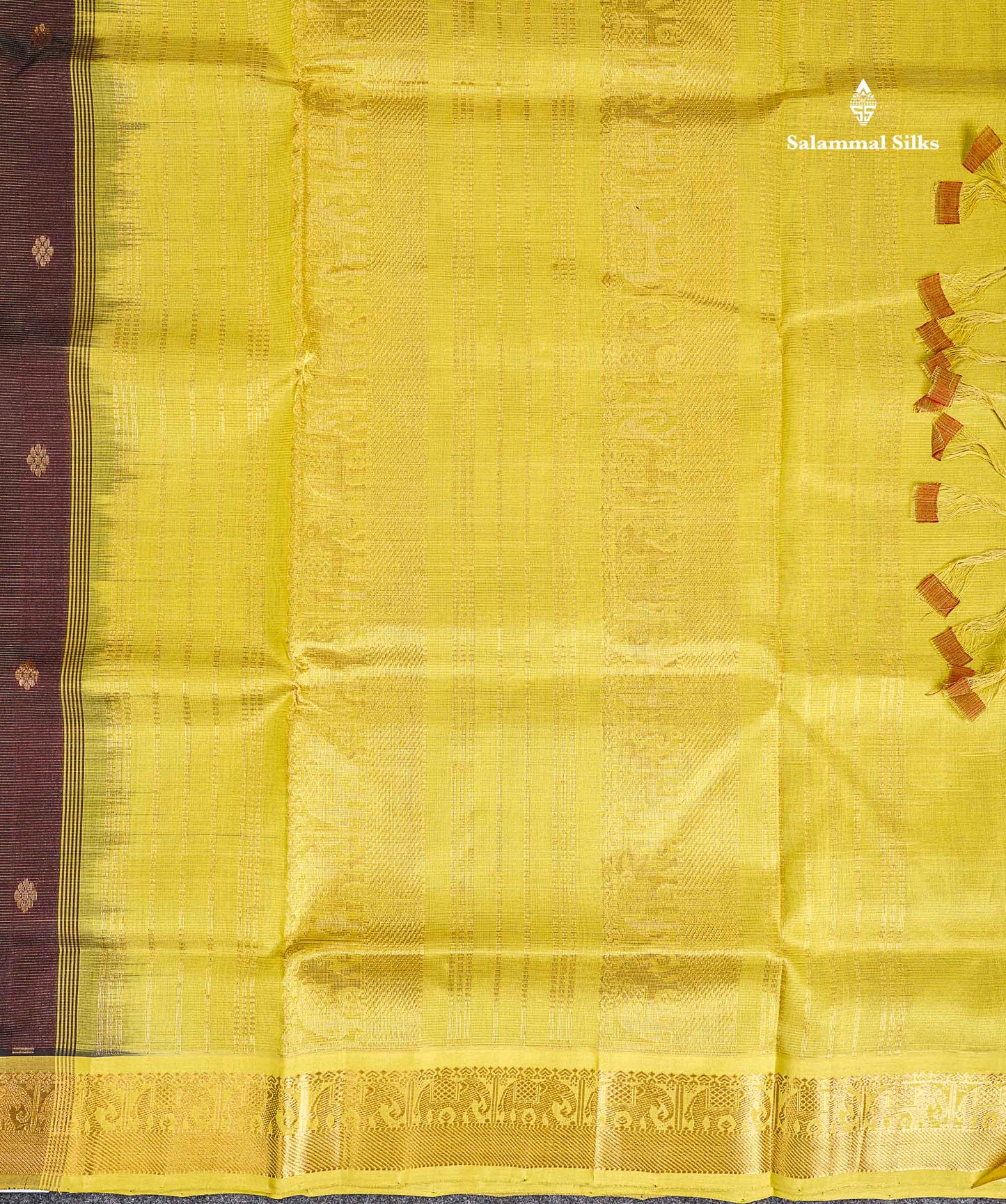 Pure Silk Cotton Saree - Dark Brown Vaira Oosi Lines With Butta Along With Contrast Manthulir Green Traditional Border