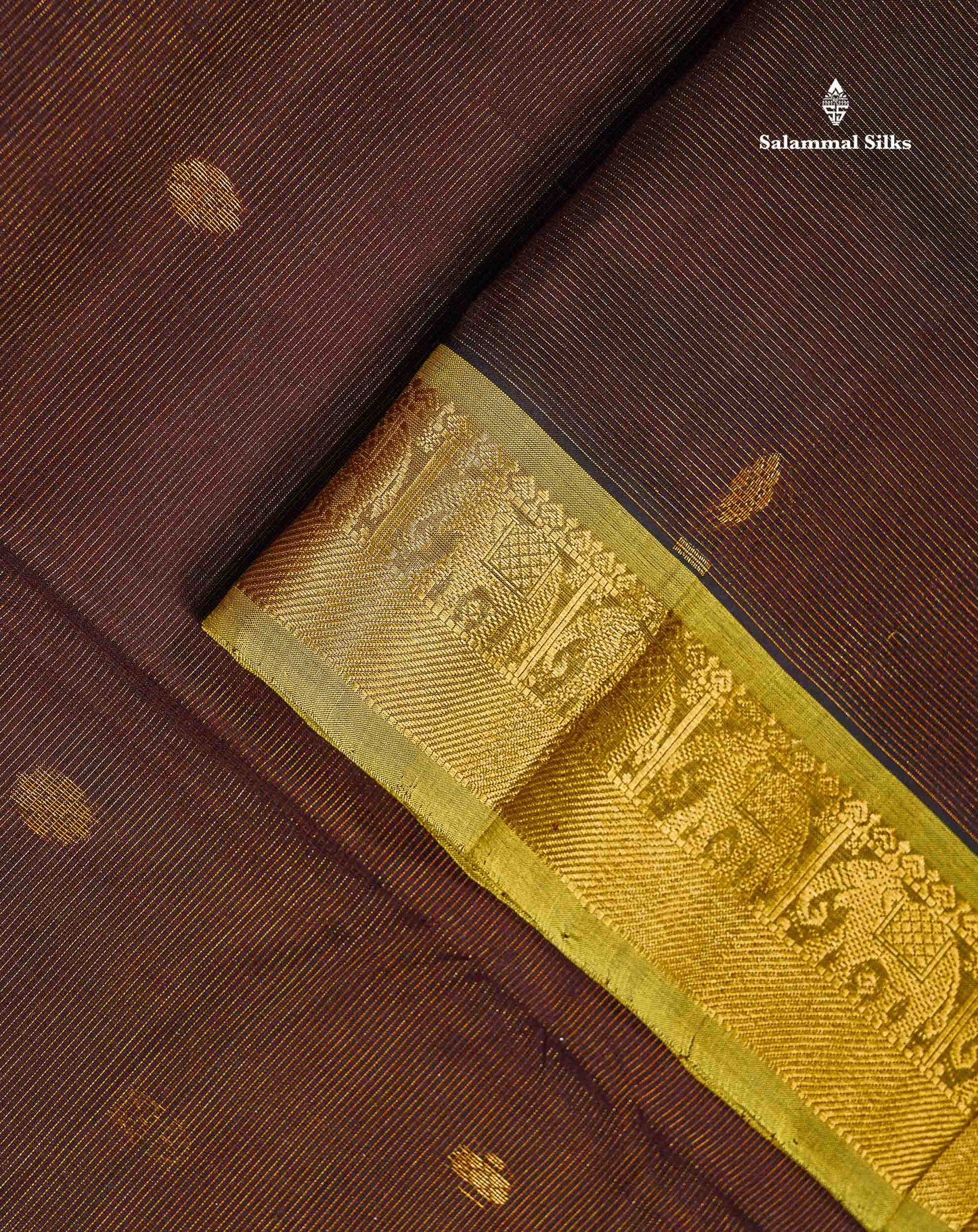 Pure Silk Cotton Saree - Dark Brown Vaira Oosi Lines With Butta Along With Contrast Manthulir Green Traditional Border