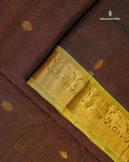 Pure Silk Cotton Saree - Dark Brown Vaira Oosi Lines With Butta Along With Contrast Manthulir Green Traditional Border