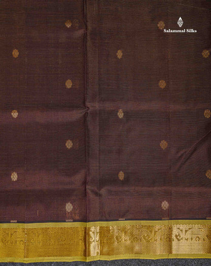 Pure Silk Cotton Saree - Dark Brown Vaira Oosi Lines With Butta Along With Contrast Manthulir Green Traditional Border
