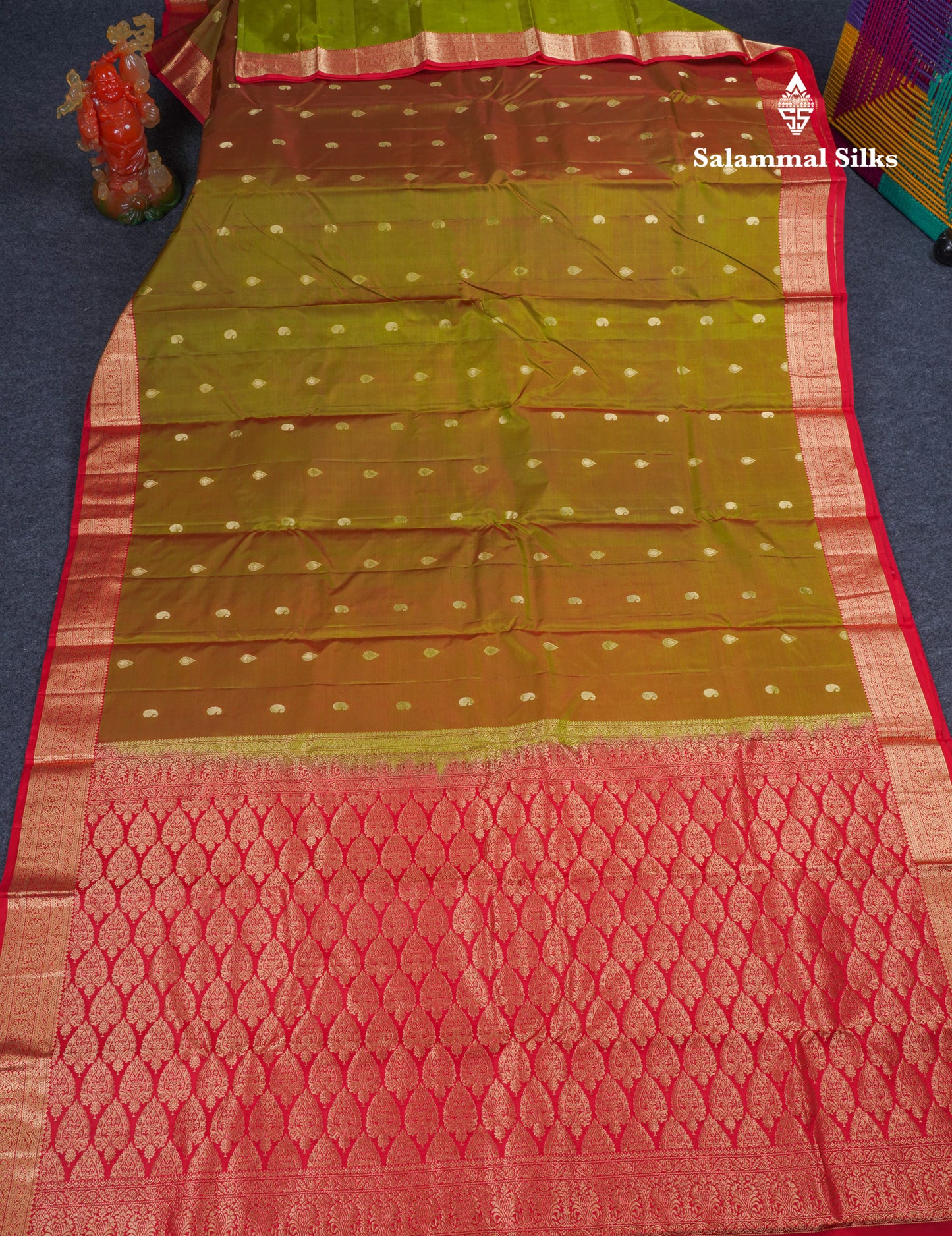 Beautiful Manthulir Yellow Pure Kanjivaram Silk Saree With Contrast Red Border