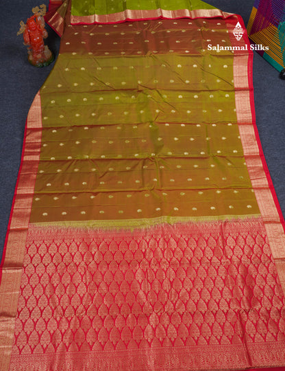 Beautiful Manthulir Yellow Pure Kanjivaram Silk Saree With Contrast Red Border