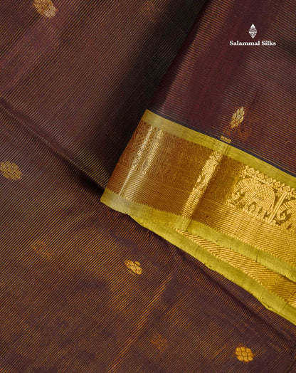 Pure Silk Cotton Saree - Dark Brown Vaira Oosi Lines With Butta Along With Contrast Manthulir Green Traditional Border