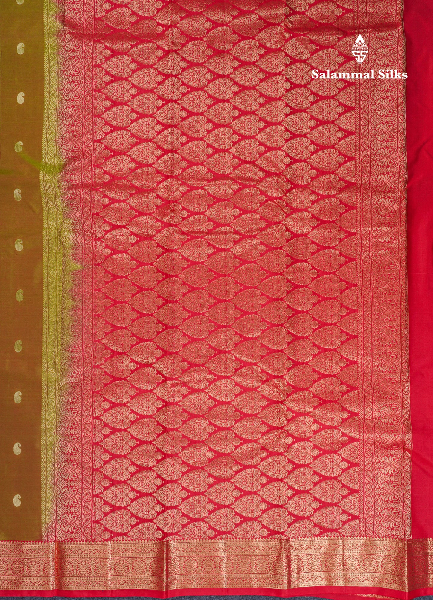 Beautiful Manthulir Yellow Pure Kanjivaram Silk Saree With Contrast Red Border