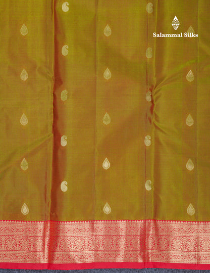 Beautiful Manthulir Yellow Pure Kanjivaram Silk Saree With Contrast Red Border