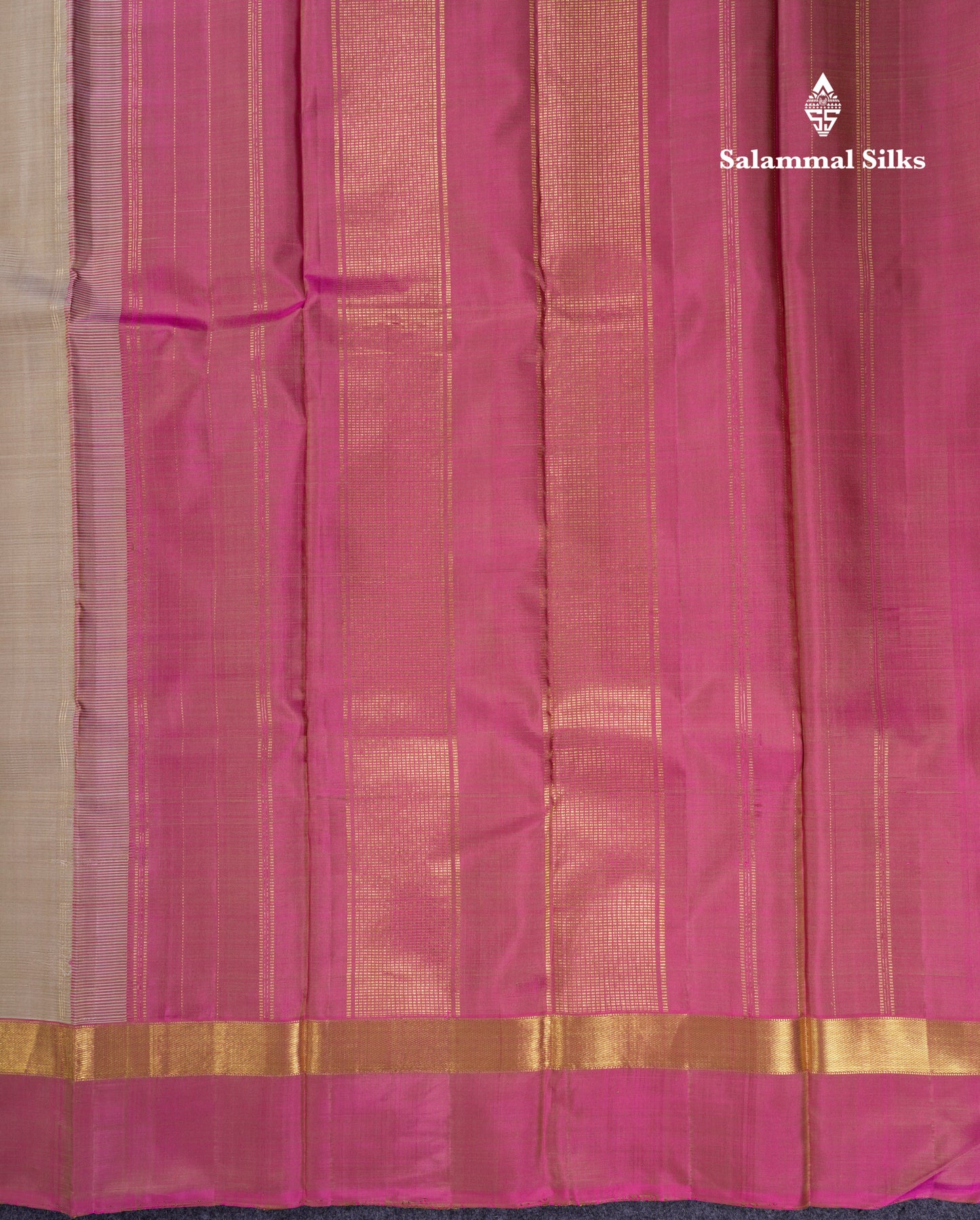 Beautiful Cream Sandal Plain Pure Kanjivaram Silk Saree With Contrast Light Pink Border
