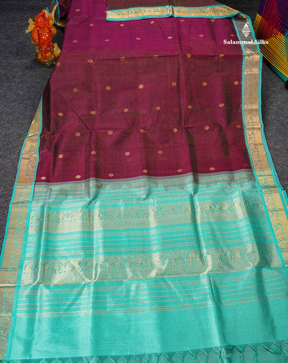Pure Silk Cotton Saree - Magenta Vaira Oosi Lines With Butta Along With Contrast Dual Tone Sapphire Green Traditional Border
