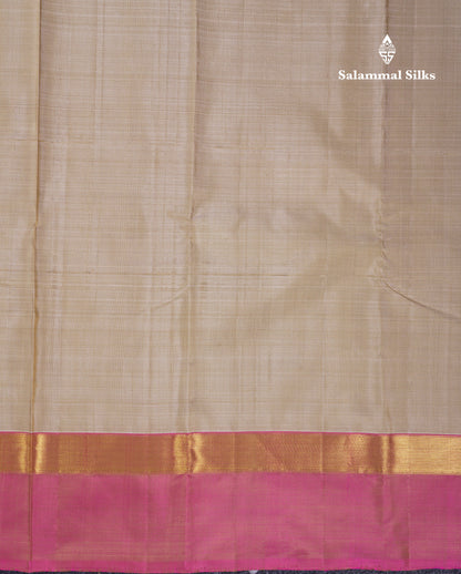 Beautiful Cream Sandal Plain Pure Kanjivaram Silk Saree With Contrast Light Pink Border