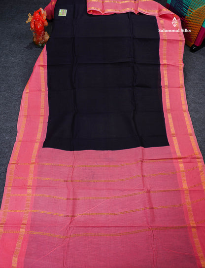 Sungudi Cotton Saree - Black Colour Body Plain With Contrast Baby Pink Gap Border