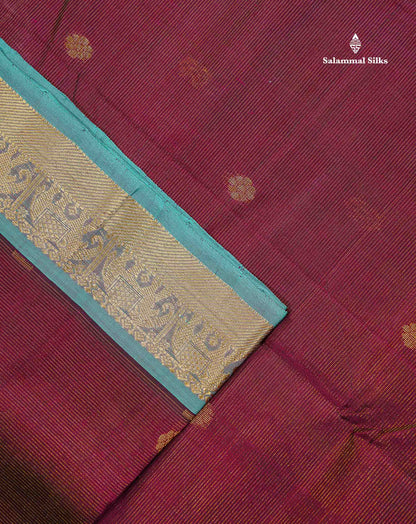 Pure Silk Cotton Saree - Magenta Vaira Oosi Lines With Butta Along With Contrast Dual Tone Sapphire Green Traditional Border