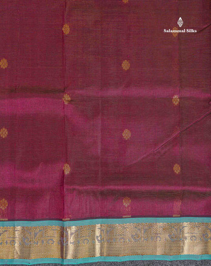 Pure Silk Cotton Saree - Magenta Vaira Oosi Lines With Butta Along With Contrast Dual Tone Sapphire Green Traditional Border