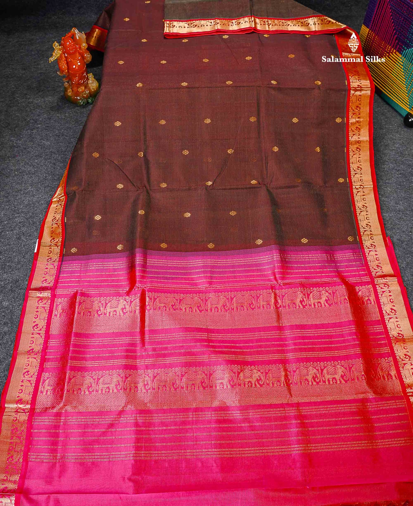 Pure Silk Cotton Saree - Brown Vaira Oosi Lines With Butta Along With Contrast Maroon Traditional Border