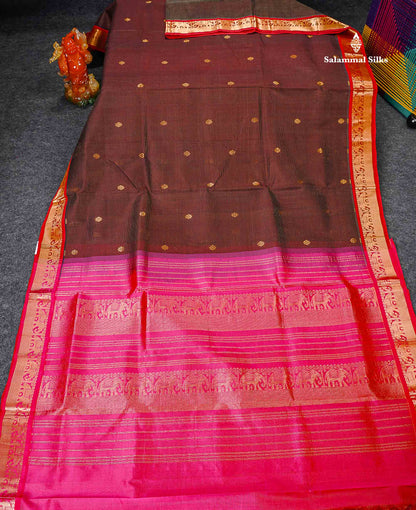 Pure Silk Cotton Saree - Brown Vaira Oosi Lines With Butta Along With Contrast Maroon Traditional Border