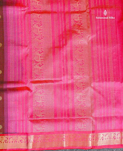 Pure Silk Cotton Saree - Brown Vaira Oosi Lines With Butta Along With Contrast Maroon Traditional Border