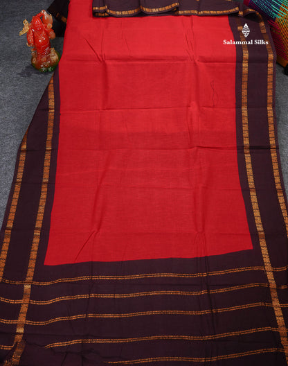 Sungudi Cotton Saree - Red Colour Body Plain With Contrast Dark Brown Gap Border