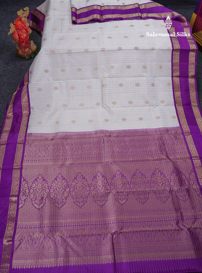 Beautiful Half White Traditional Checks And Buttas Pure Kanjivaram Silk Saree With Contrast Violet Border
