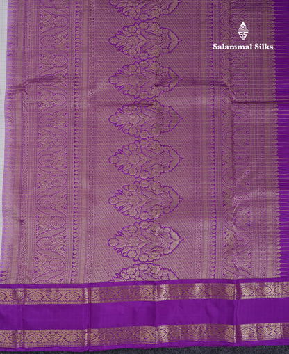 Beautiful Half White Traditional Checks And Buttas Pure Kanjivaram Silk Saree With Contrast Violet Border