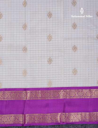 Beautiful Half White Traditional Checks And Buttas Pure Kanjivaram Silk Saree With Contrast Violet Border