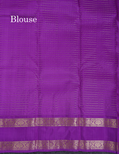Beautiful Half White Traditional Checks And Buttas Pure Kanjivaram Silk Saree With Contrast Violet Border