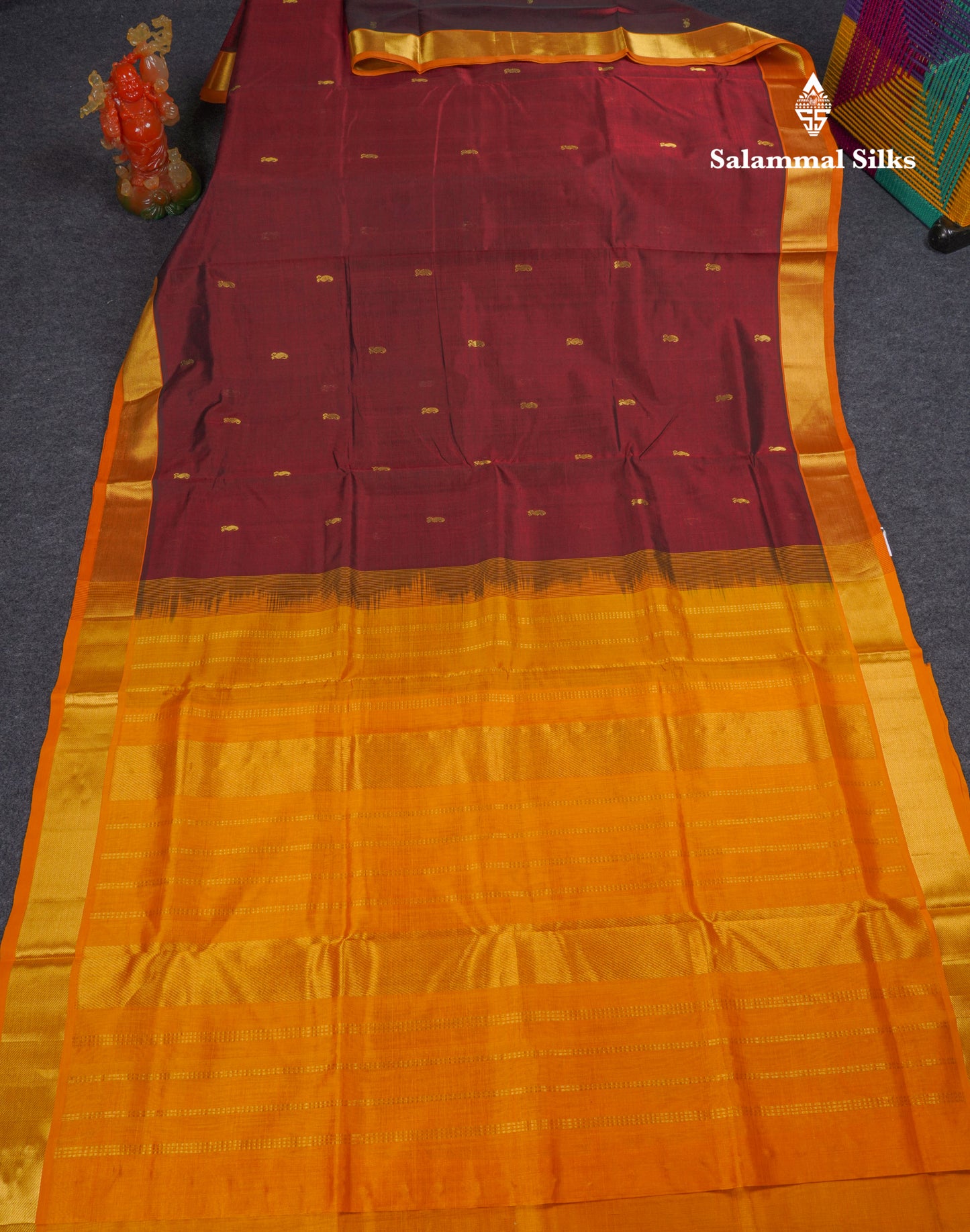 Dark Maroon Pure Silk Cotton Saree With Contrast Mustard Yellow Border