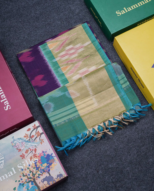 Premium Violet Pochampalli SICO Cotton Saree With Contrast Tissue Sea Green Border