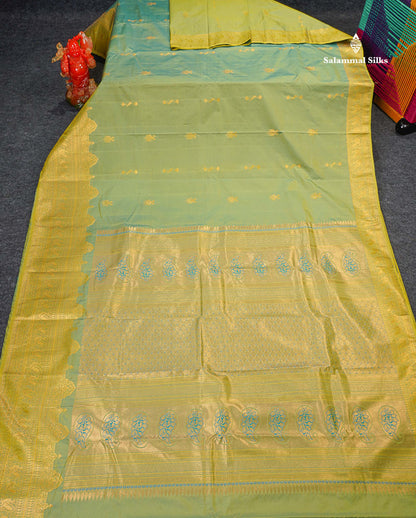 Semi Silk Saree - Dual Tone Parrot Green Colour Body Zari Butta With Traditional Turning Border