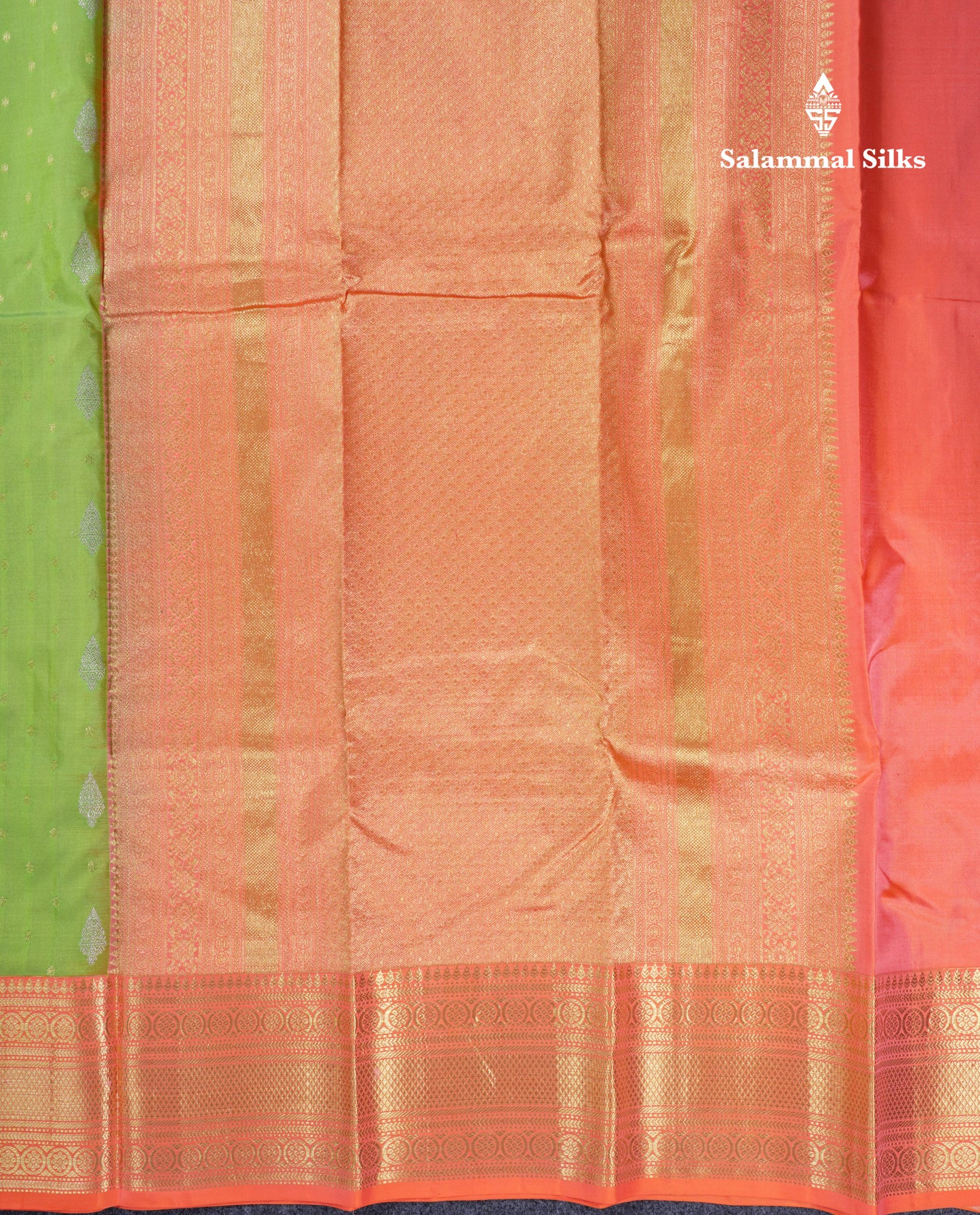 Beautiful Parrot Green Pure Kanjivaram Silk Saree With Contrast Orange Traditional Border